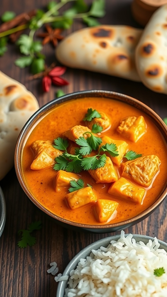 Butter chicken served in a bowl with cilantro, naan, and rice on a rustic table.